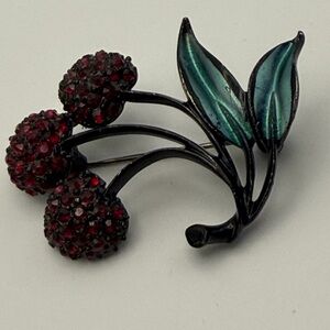 Vintage Triple Cherry Rhinestone Green Enamel Blackened Brooch